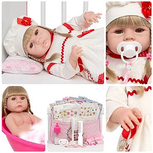 Bebê Reborn Loira Realista Vestido Vermelho Enxoval Completo