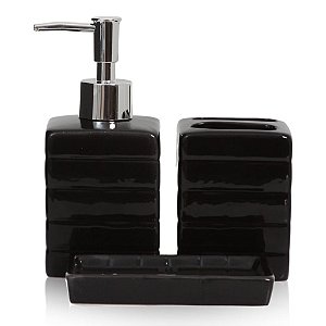 Kit Banheiro Lavabo Porcelana 3 Peças Quadrado Cor Preto