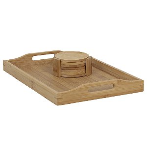 Bandeja De Bambu Multiuso Com Alça + Porta Copos De Bambu