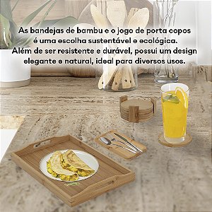 Kit Bandejas De Bambu Retangular + Porta Copos De Bambu