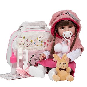 Bebê Reborn Cegonha Dolls Cabelos Castanhos Longos Vinil