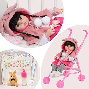 Boneca Reborn Realista Menina Coelhinha 46cm Com Carrinho