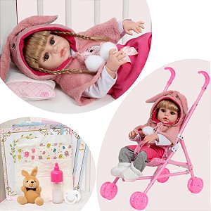 Boneca Bebê Reborn Menina Coelhinha Loira Linda Com Carrinho