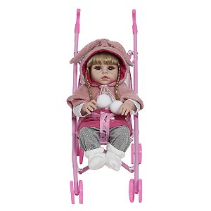 Boneca Reborn Realista Enxoval Coelhinha Com Carrinho Rosa