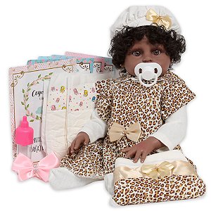 Boneca Reborn Realista Diva Cabelo Cacheado 13 Itens Oncinha