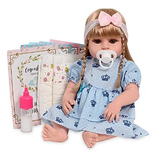 Boneca Reborn Loira Realista Vestido Coroa Azul Kit Itens