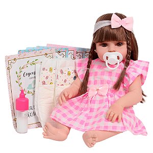 Boneca Reborn Realista Valentina Com Vestido Xadrez Rosa