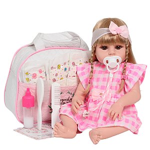 Boneca Tipo Reborn Bebê Valentina Vestido Xadrez Completa