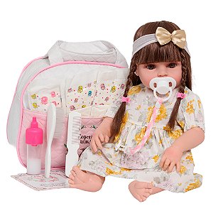 Boneca Reborn Menina Cabelos Castanhos Com Bolsa 20 Itens