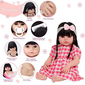 Boneca Reborn Bebê Morena Enxoval Completo Vestido Xadrez