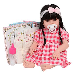 Boneca Tipo Reborn Morena Realista Vestido Xadrez Vermelho