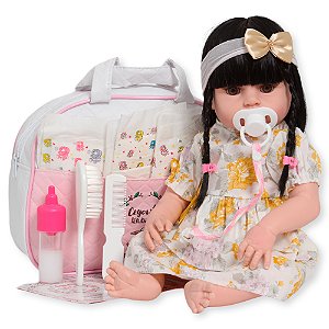 Bebê Reborn Morena Completa Vestido Florido Bolsa 20 Itens