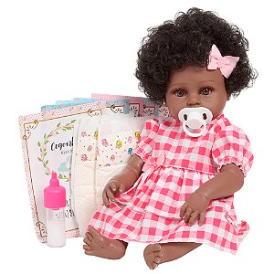 Boneca Reborn Negra Realista Com Acessórios Vestido Vermelho