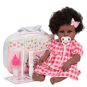 Boneca Reborn Bebê Negra Vestido Xadrez Enxoval Completo