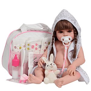 Boneca Reborn Bebê Cabelos Castanhos Enxoval Completo Bolsa