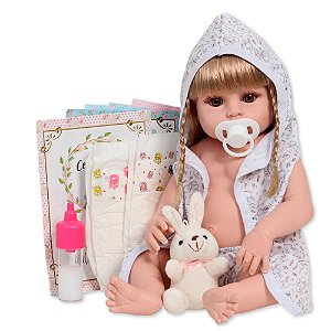 Boneca Reborn Bebê Loira 46cm Roupão Coelhinho De Pelúcia