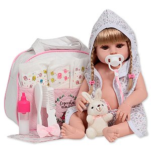 Boneca Reborn Loira Corpo De Vinil Saída De Banho Coelhinho