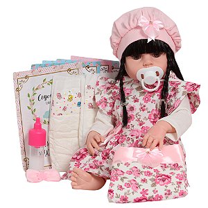Boneca Reborn Bebê Cabelo Preto 46cm Com Kit Acessórios