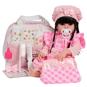 Boneca Reborn Realista Morena 46cm Enxoval Xadrez Completo