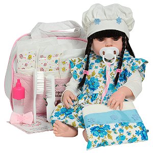 Boneca Reborn Morena Realista Enxoval Florido Azul Bolsa