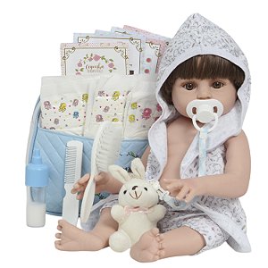 Boneco Reborn Menino Realista Roupão Coelho Bolsa Acessórios