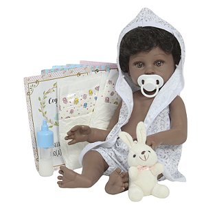 Boneco Reborn Menino Negro Realista Saída De Banho Coelho