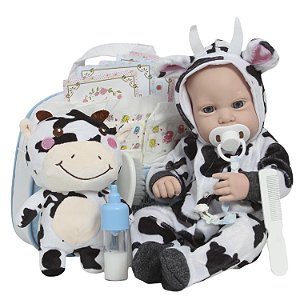 Boneco Reborn Realista 43cm Enxoval Vaquinha Bolsa Itens