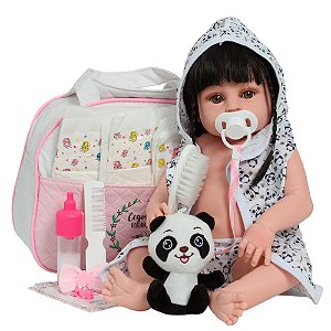 Boneca Bebê Reborn Menina Morena Pandinha Roupão Bolsa Itens