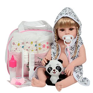 Boneca Reborn Realista Loira Enxoval Saída De Banho Panda