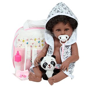 Bebê Reborn Menina Negra Saída De Banho Pandinha Bolsa Itens