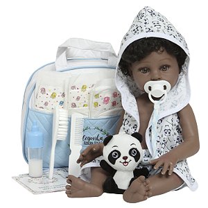 Boneco Reborn Bebê Negro Enxoval Roupão Panda Bolsa Itens