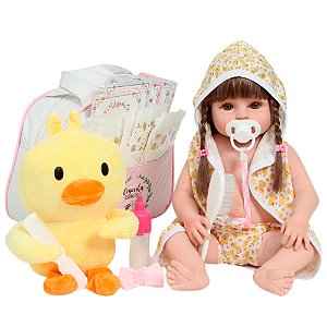 Bebê Reborn Boneca Realista 46cm Roupão Patinho Bolsa Itens