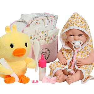 Boneca Reborn Bebê Larinha 43cm Com Saída De Banho Patinho