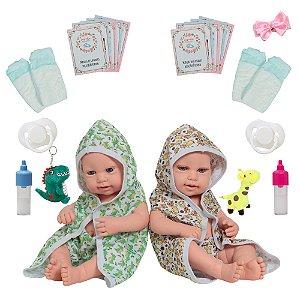 Boneca Reborn Gêmeos Casal 1005 Vinil Pelúcia Saída De Banho