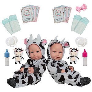 Bebê Reborn Gêmeos Casal Pode Dar Banho Vaquinha Pelúcia