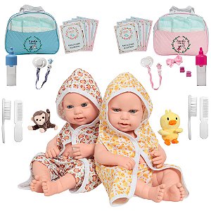Bebê Reborn Gêmeos Casal Roupão Com Bolsa Vários Itens