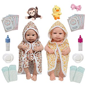 2 Bebê Reborn Gêmeos Casal Saída De Banho Patinho Macaquinho