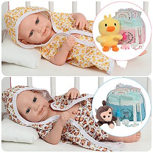 Bebê Tipo Reborn Gêmeos Luca Lara Roupão Patinho Macaquinho