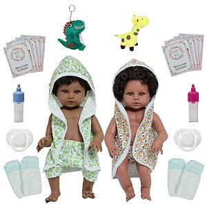 Bebê Reborn Gêmeos Corpo 100% Vinil Cabelo Cacheado Fofinhos