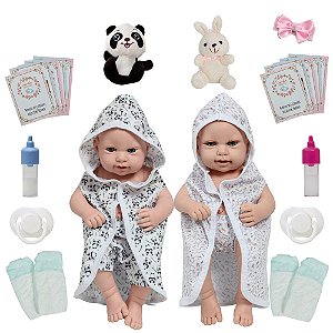 Boneco Reborn Gêmeos Casal Saída De Banho Panda Coelhinho