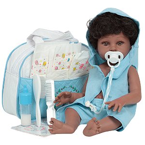 Bebê Reborn Menino Cabelo Cacheado Roupão Bolsa Acessórios