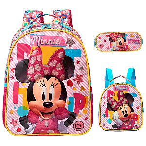 Kit Mochila Infantil Costas Minnie Lancheira Estojo Grande