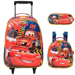 Kit Mochila Infantil Carros Rodinha Lancheira Estojo Grande