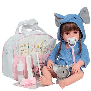 Boneca Reborn Bebê 46cm Saída De Banho Bolsa Enxoval Itens