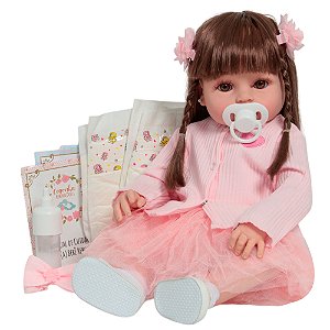 Boneca Reborn Realista 46cm Vestido Coração 14 Acessórios