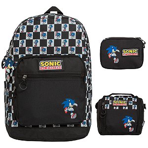 Kit Mochila Infantil Sonic Lancheira Estojo Costas Preta
