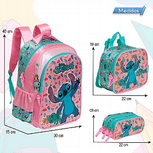 Kit Mochila Infantil Feminina Stitch Lancheira Estojo Rosa
