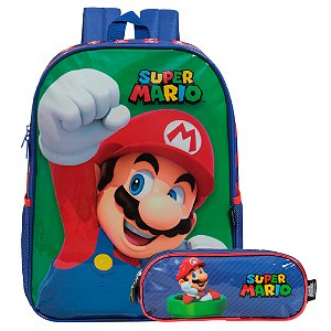 Kit Mochila Infantil Super Mario Costas + Estojo Cor Azul
