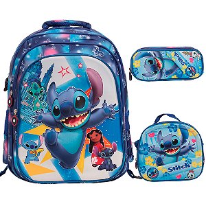 Kit Mochila Infantil Costas Stitch 3d Lancheira Estojo