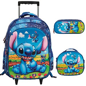 Kit Mochila Infantil Rodinha Stitch 3d Lancheira Estojo